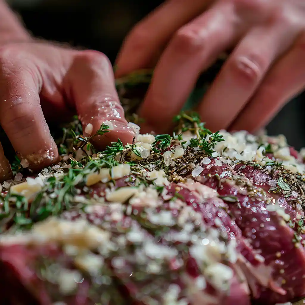 Rubbing garlic herb paste onto raw beef roast by hand