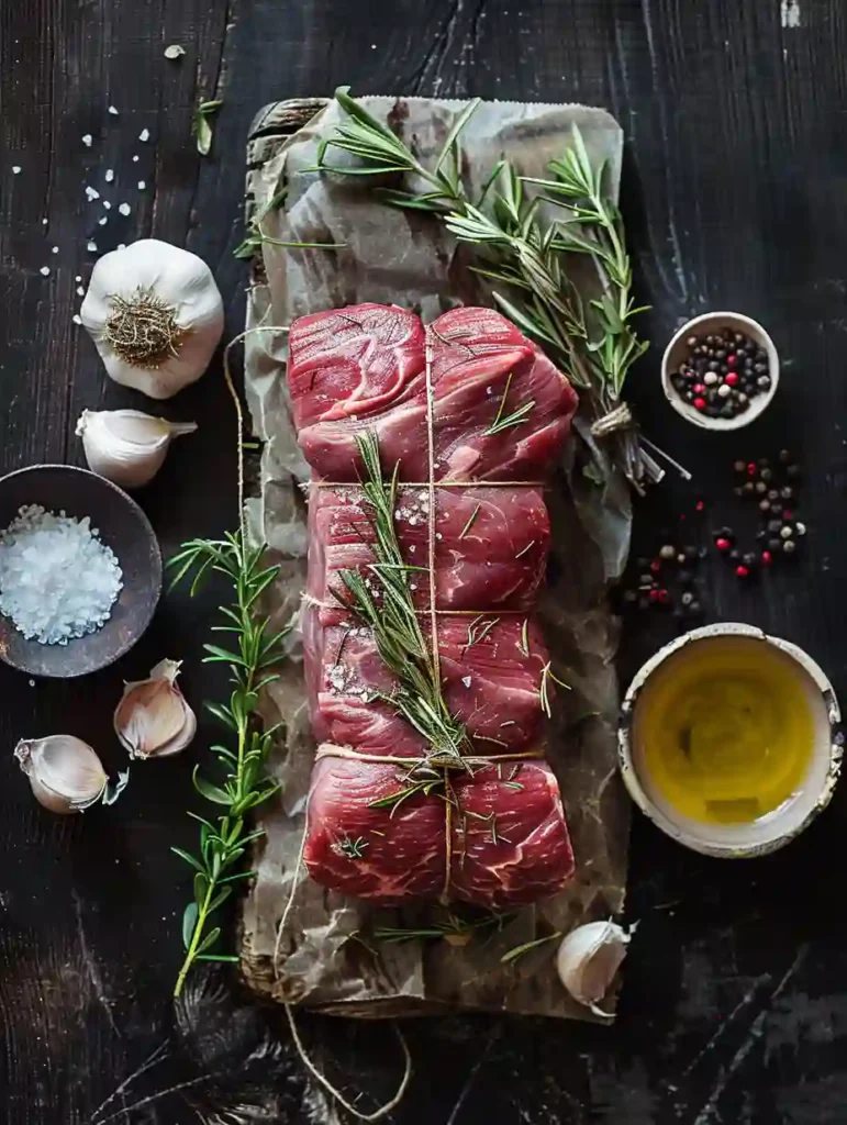 Raw beef roast with fresh rosemary garlic and twine on wooden table