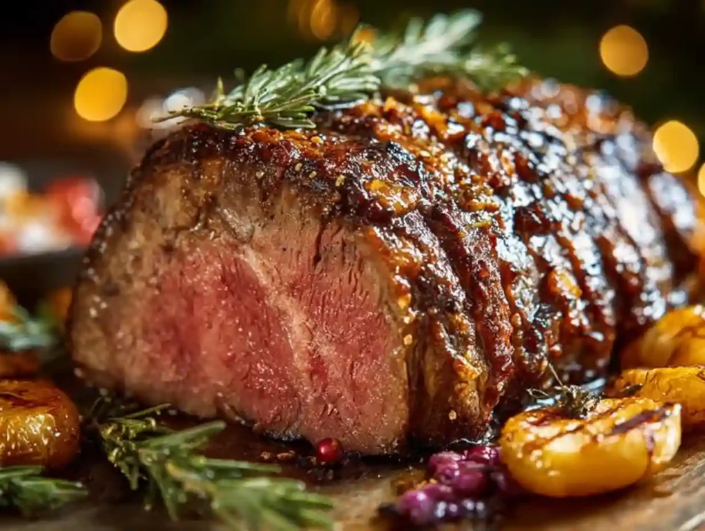 Whole gourmet holiday roast beef on a platter with rosemary and festive lights background