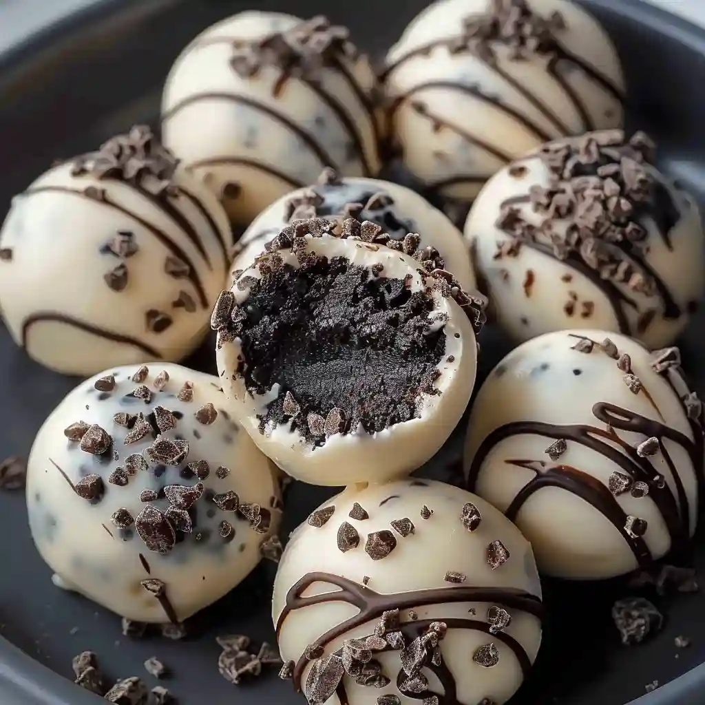 Stack of cookies and cream cheesecake balls with a bite taken out