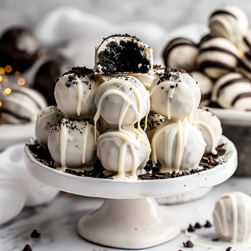 Stack of cookies and cream cheesecake balls with white chocolate shell and cookie topping