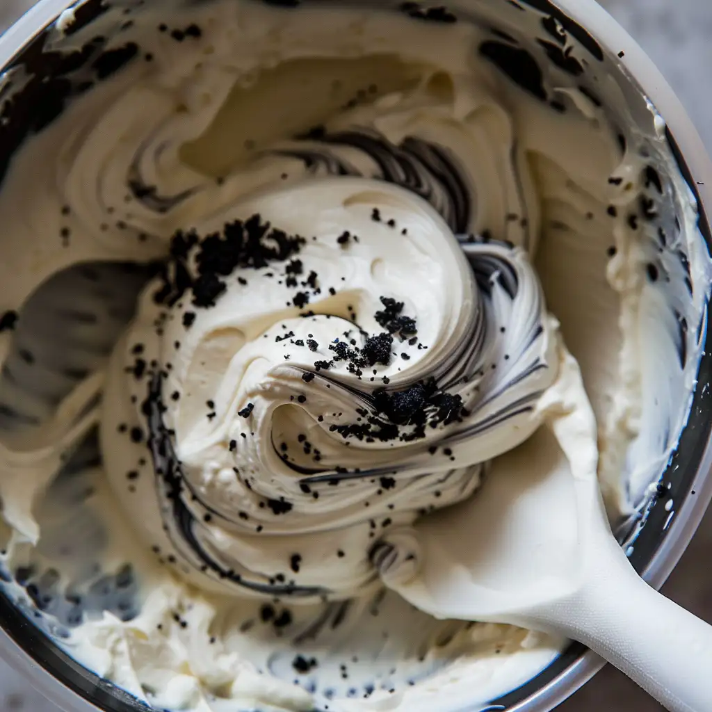 Mixing cream cheese filling with crushed cookie crumbs in a bowl