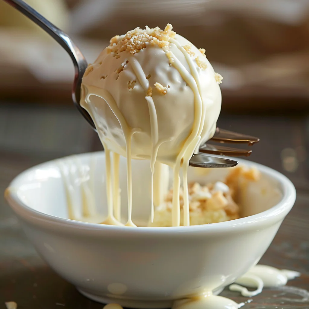 Dipping cheesecake ball into melted white chocolate using a fork