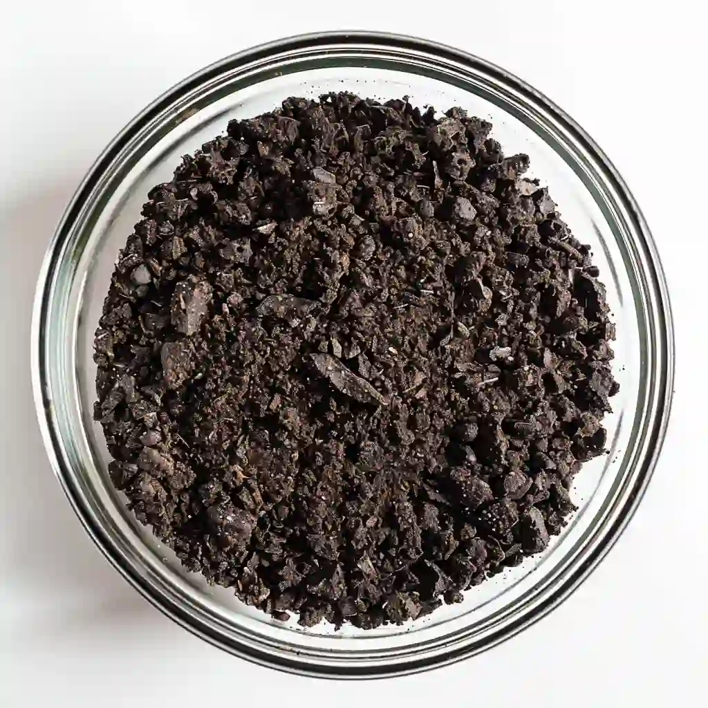 Crushed chocolate sandwich cookie crumbs in a bowl