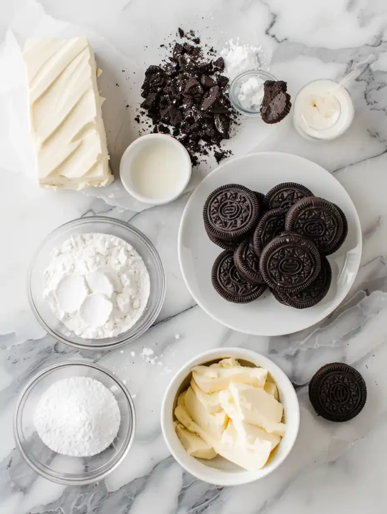 Ingredients for no-bake cheesecake balls including cream cheese and cookies