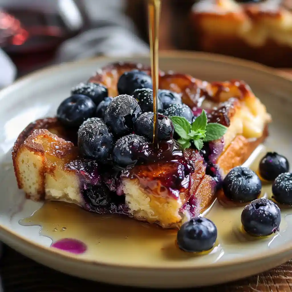 Slice of blueberry french toast casserole drizzled with maple syrup and fresh blueberries
