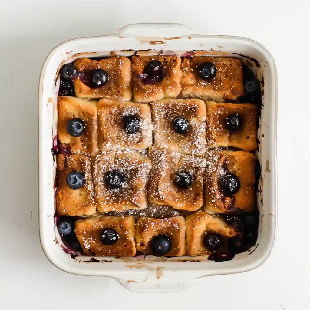 Golden brown baked blueberry french toast casserole with bursting blueberries