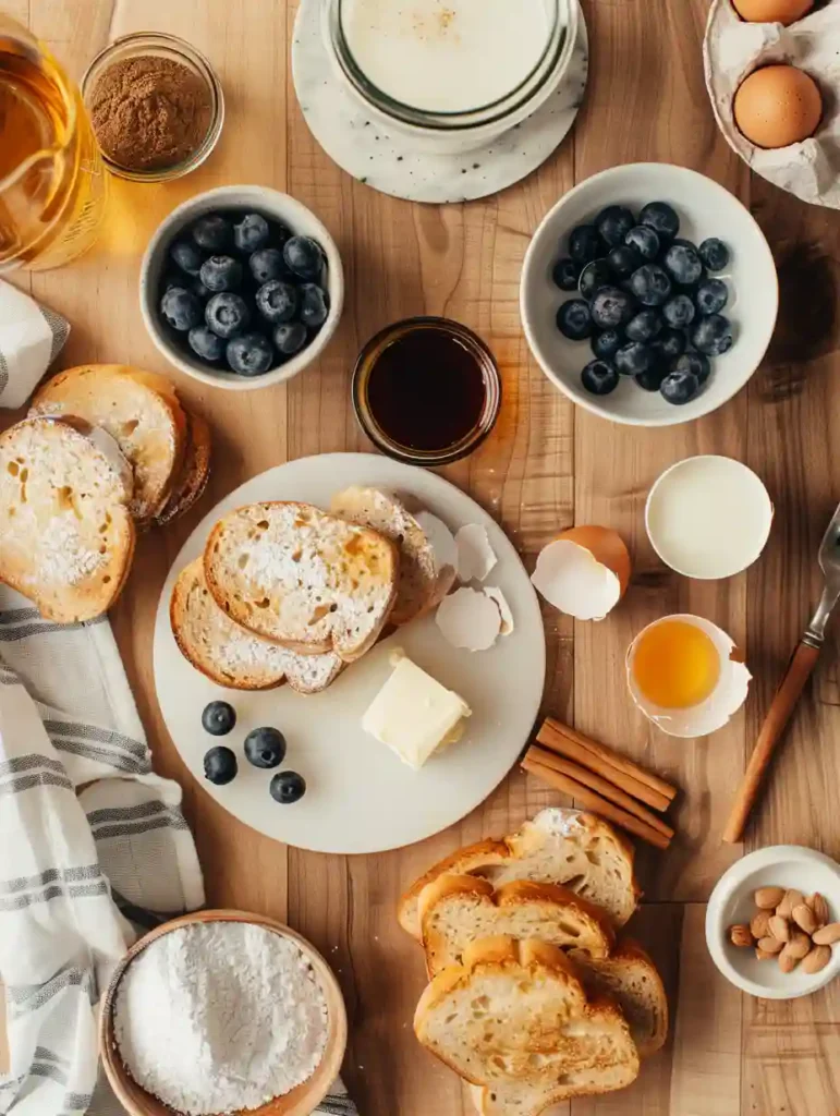 Ingredients for blueberry french toast casserole including brioche bread and fresh blueberries
