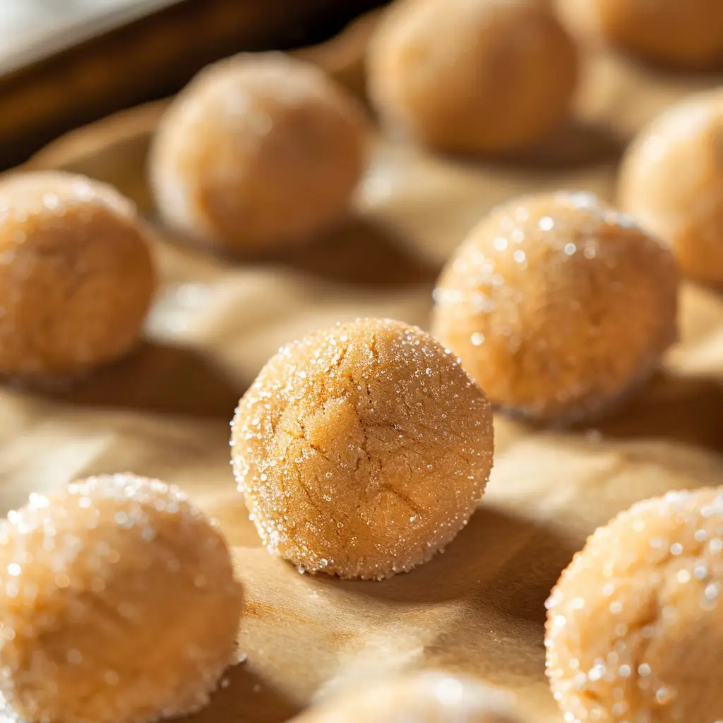 Raw sugar cookie dough balls rolled in sparkling white sugar on a baking sheet before baking