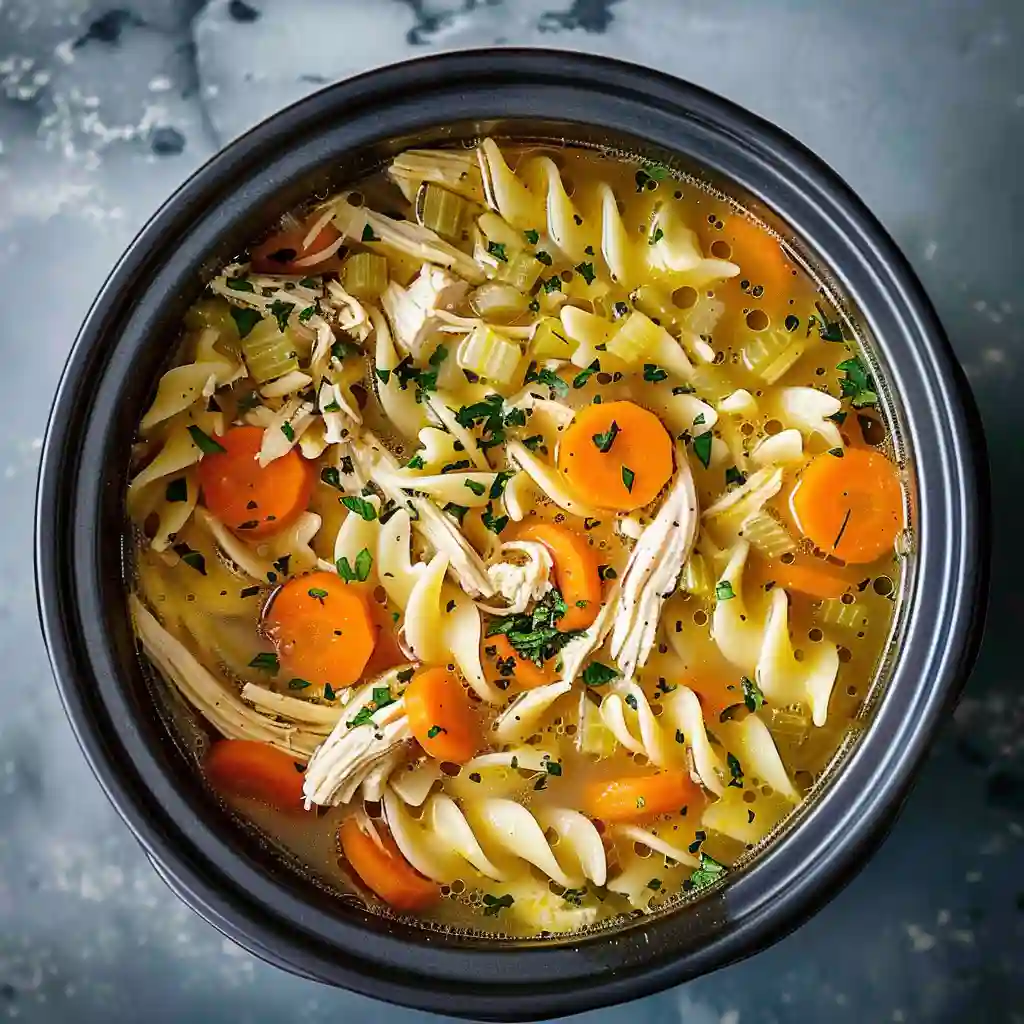 Steaming bowl of homemade chicken noodle soup