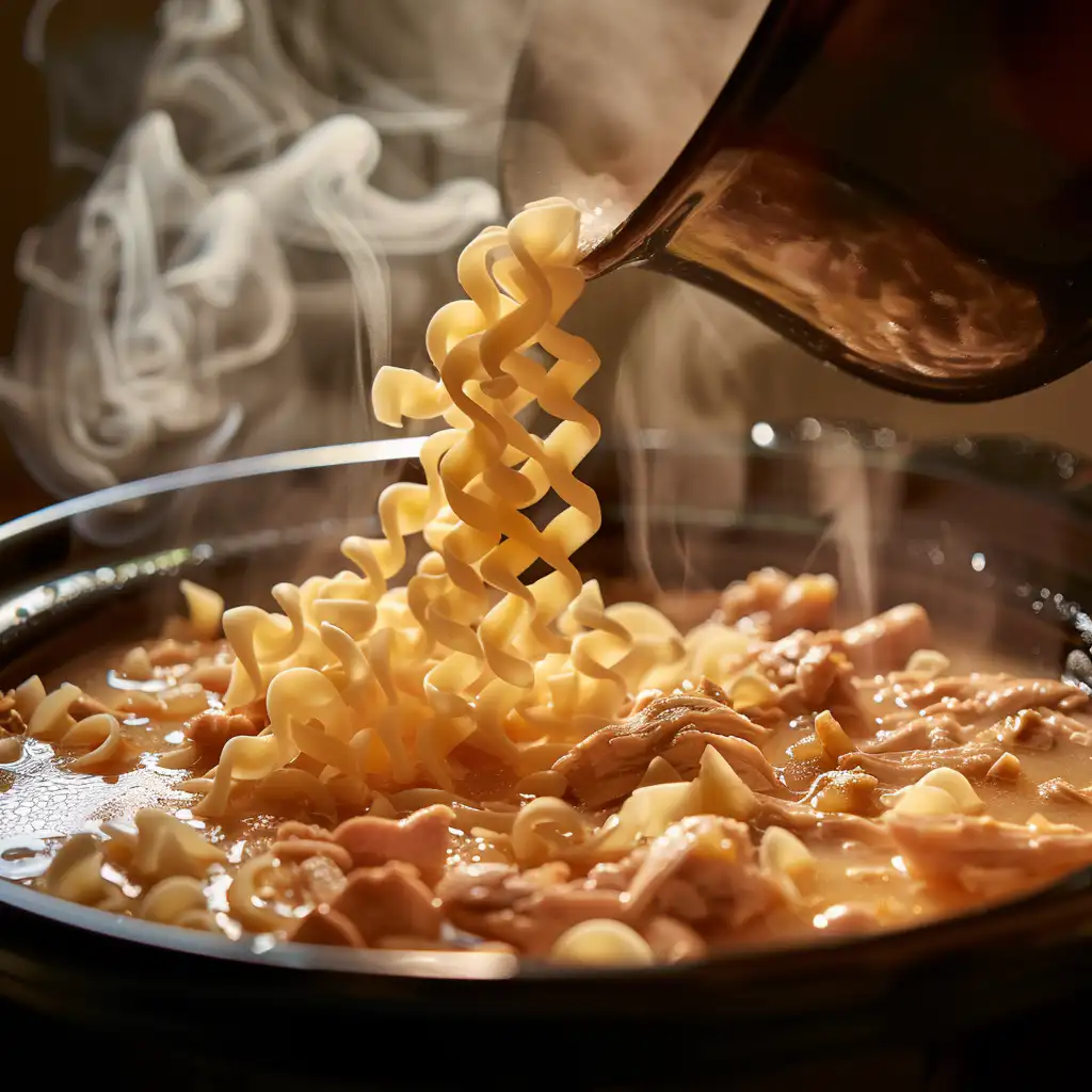 Adding uncooked egg noodles to hot chicken soup in slow cooker