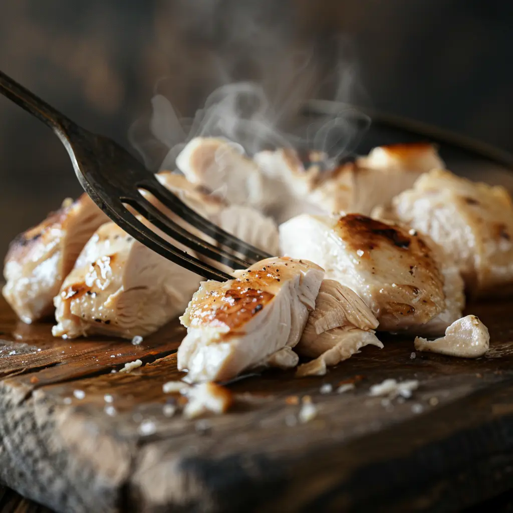Shredding tender cooked chicken breast with two forks on a board