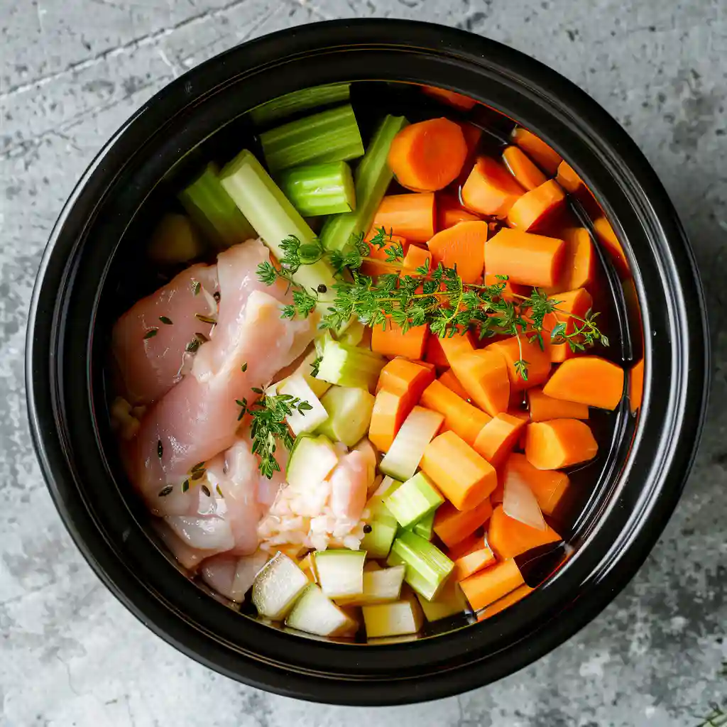 Raw chicken breast and chopped vegetables inside a slow cooker pot