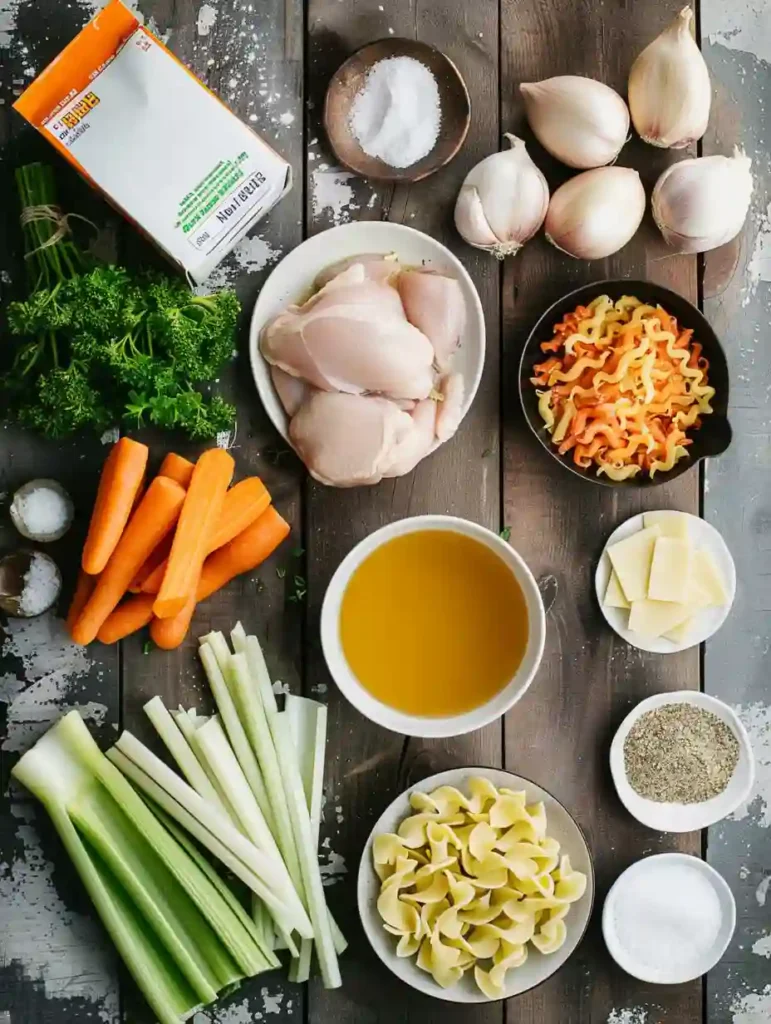 Ingredients for crockpot chicken noodle soup including carrots celery and egg noodles