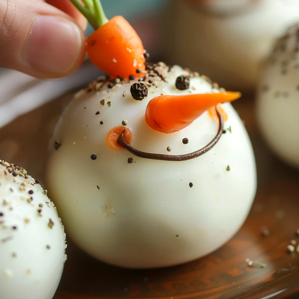Placing carrot nose and peppercorn eyes on snowman cheese ball