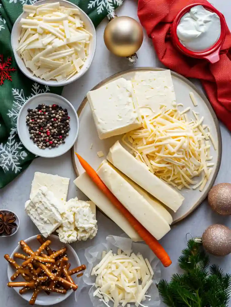 Ingredients for snowman cheese ball including cream cheese and decorations