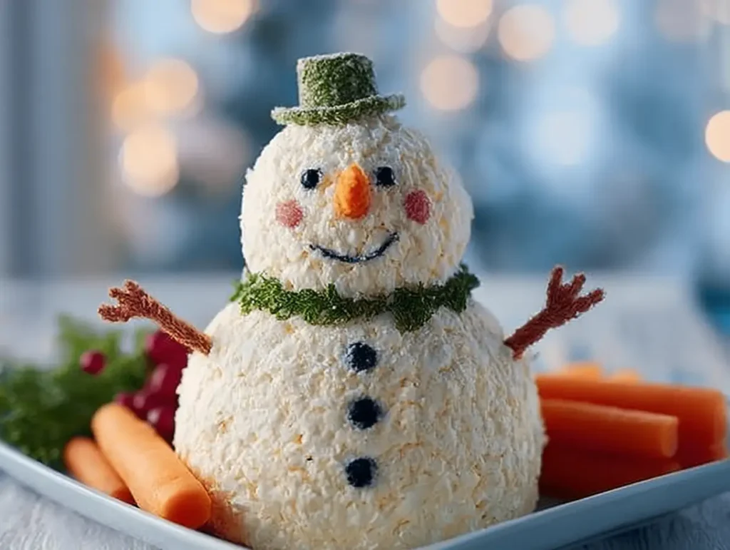 Festive snowman shaped cheese ball served with crackers for Christmas party