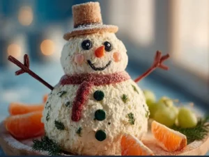 Festive snowman cheese ball appetizer decorated with a scarf and hat, served with mandarin oranges and grapes for a holiday party