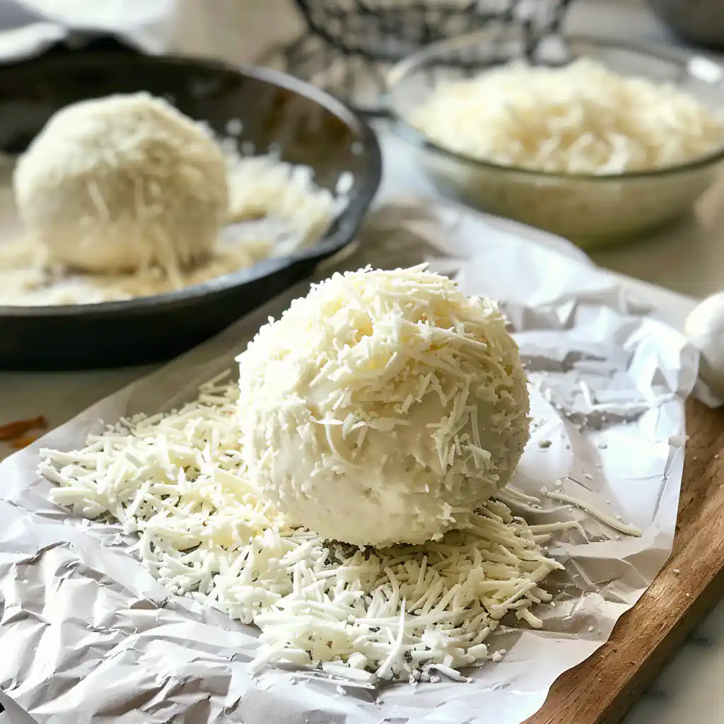 Rolling cheese ball in shredded mozzarella to look like snow