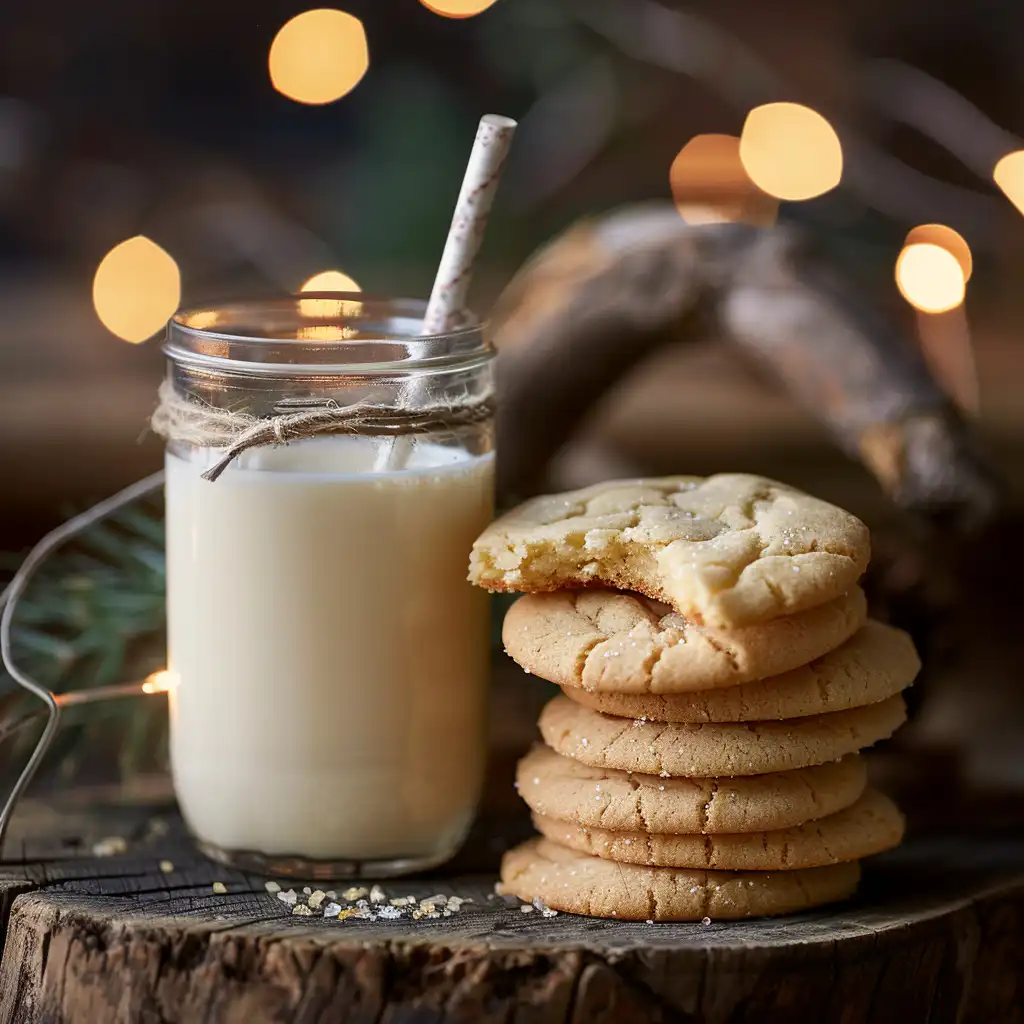 Freshly baked chewy sugar cookie served with a glass of cold milk