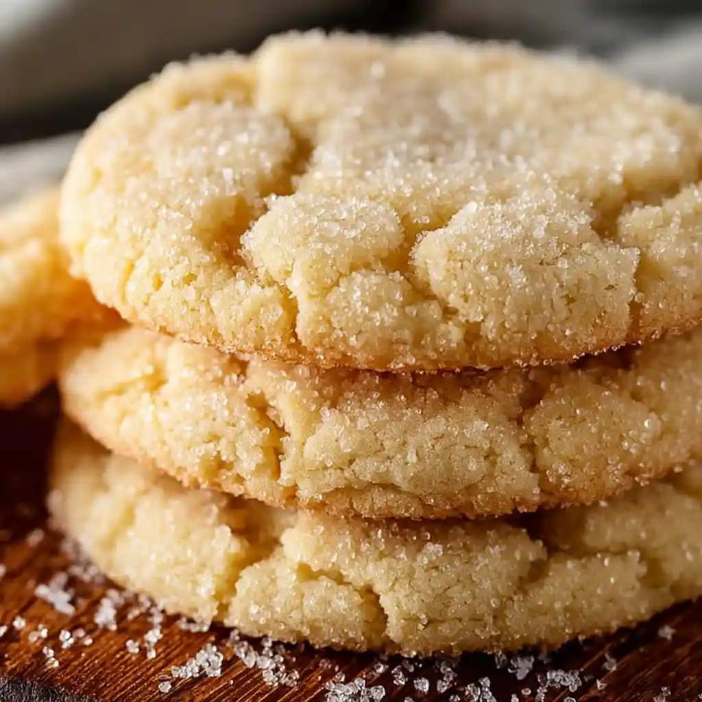 Stack of soft and chewy sugar cookies on a wooden table