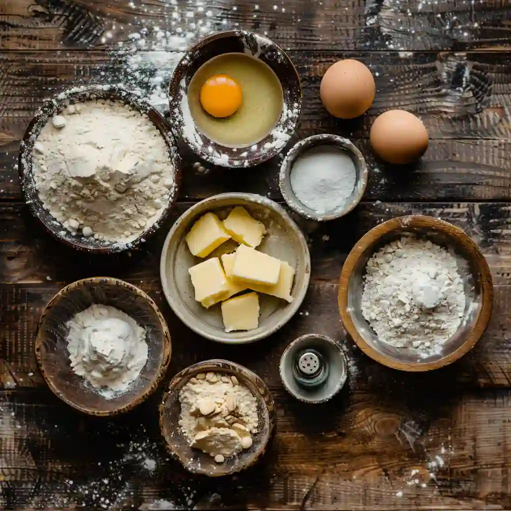 Ingredients for soft sugar cookies including butter sugar flour eggs and vanilla extract on a wooden table