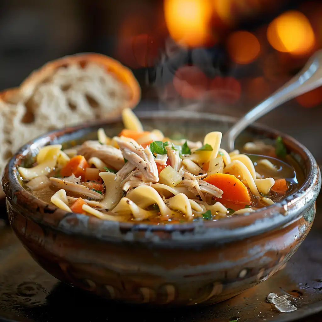 Steaming bowl of homemade chicken noodle soup served with crusty bread
