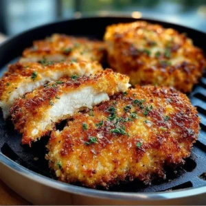 Air Fryer Parmesan Crusted Chicken on a plate, garnished with herbs