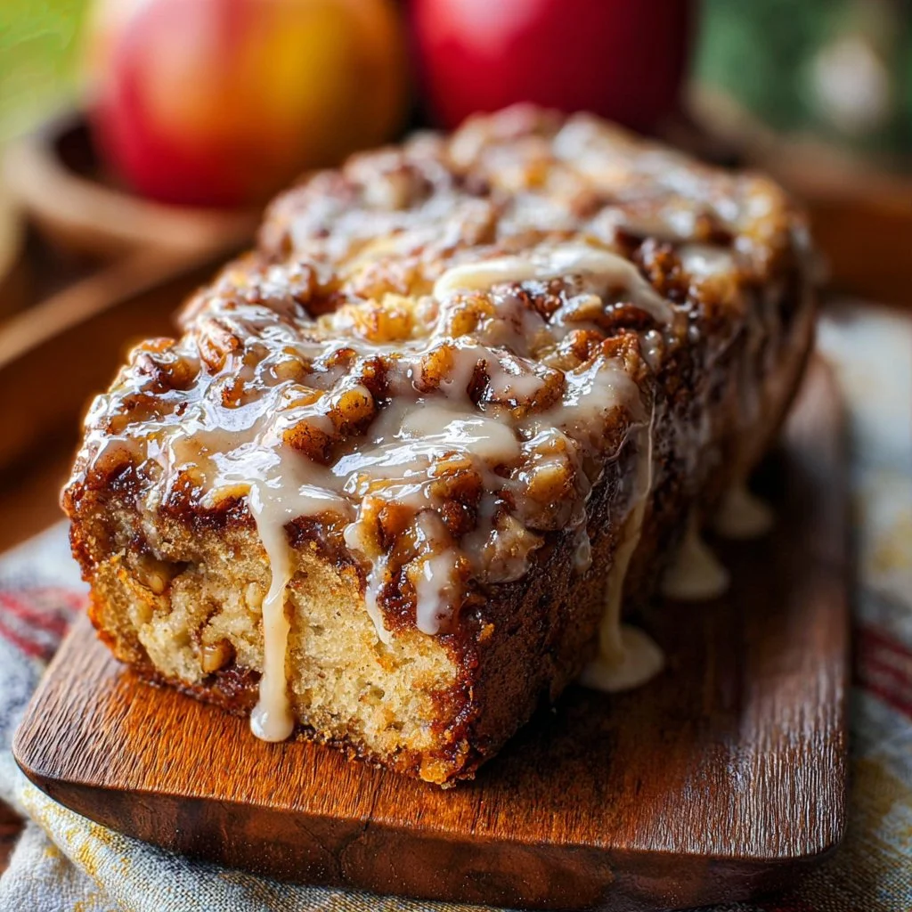 Amish Apple Fritter Bread with apples and cinnamon drizzled with icing