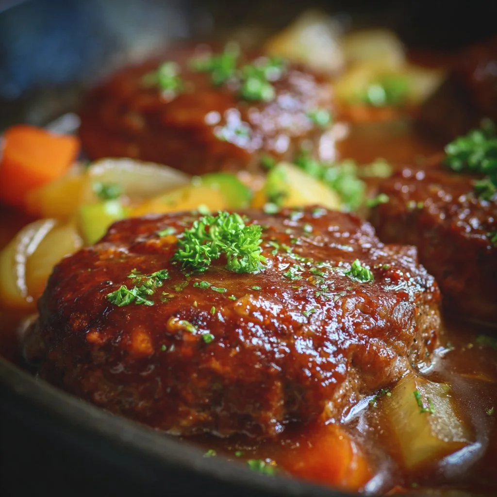 Amish Hamburger Steak Bake topped with savory gravy and served with vegetables