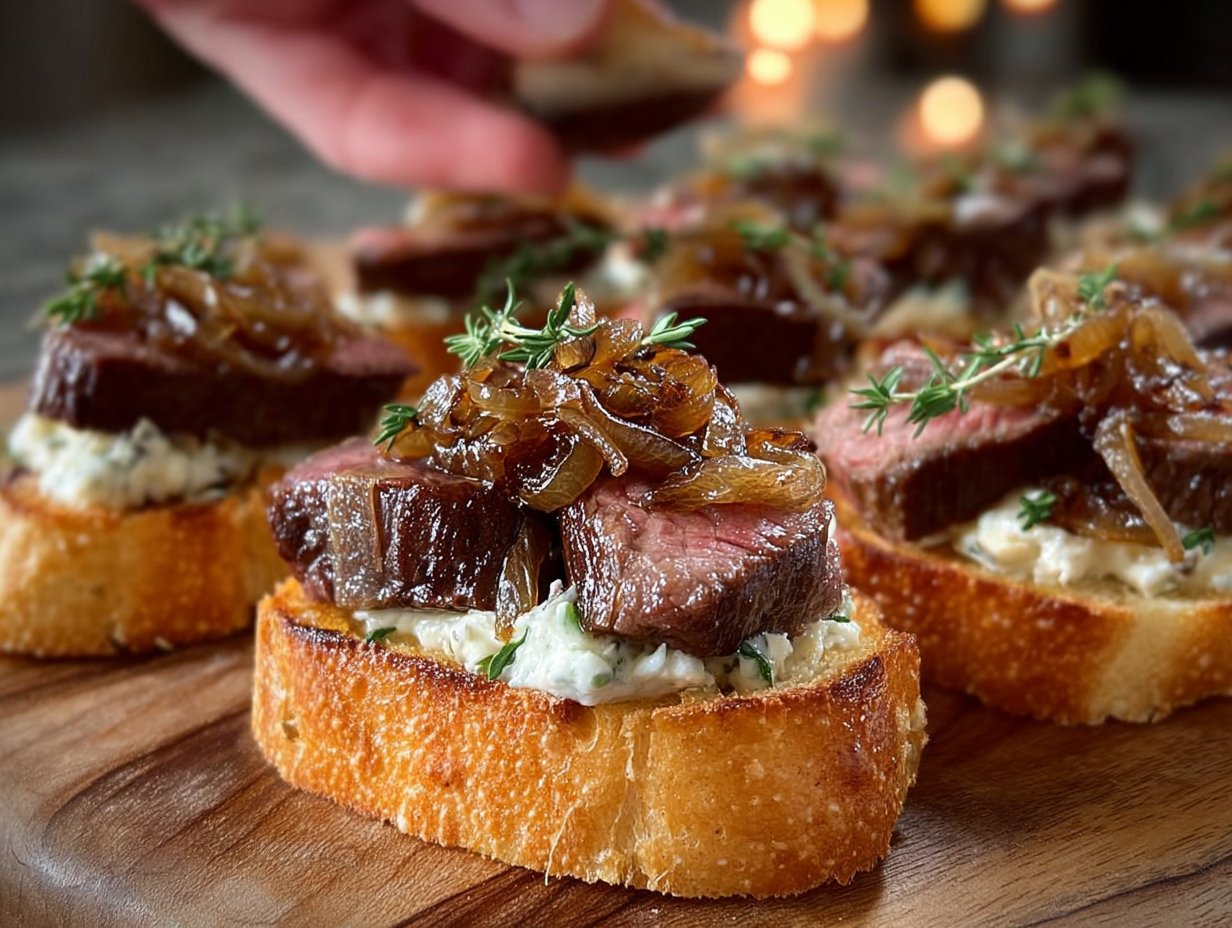 Steak Crostini with Creamy Horseradish Sauce and Caramelized Onions