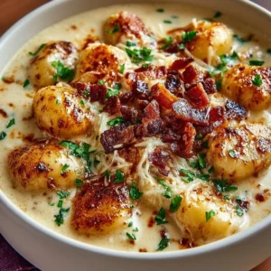 Bowl of Bacon Cheddar Gnocchi Soup topped with crispy bacon and cheese
