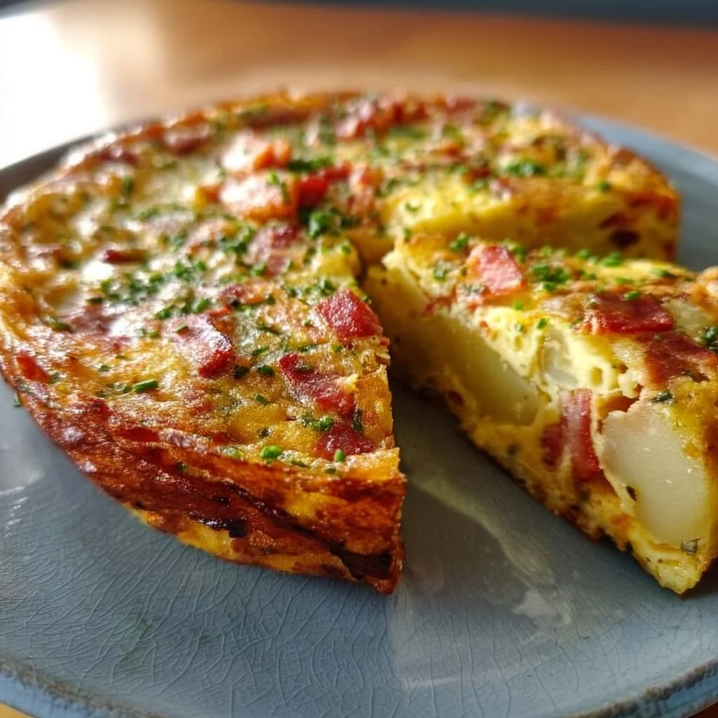 Delicious Bacon Potato Frittata served on a plate