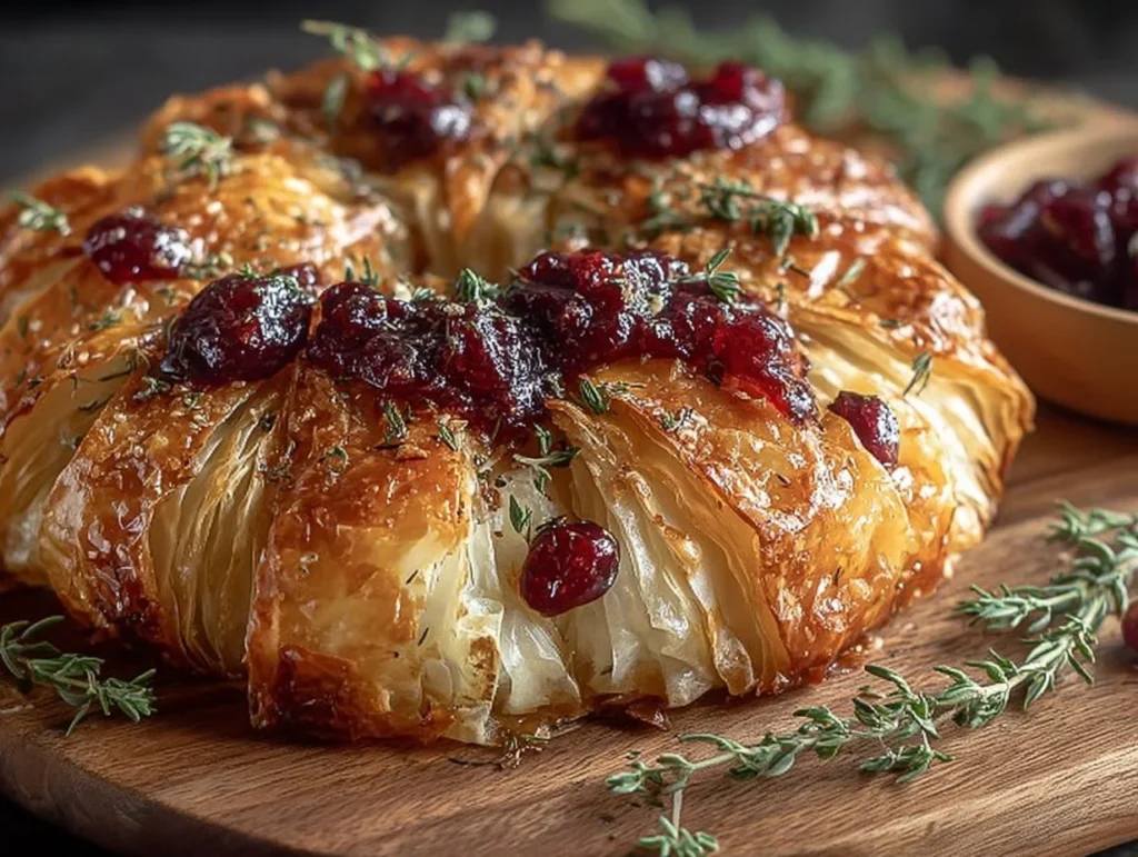 Golden phyllo wreath filled with warm baked brie and herbs for a festive Christmas appetizer
