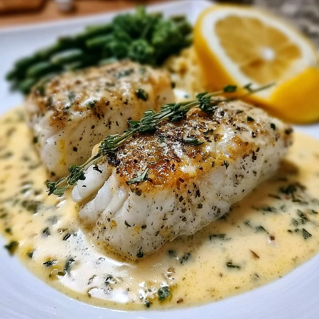 Baked cod fillets in coconut lemon cream sauce garnished with herbs