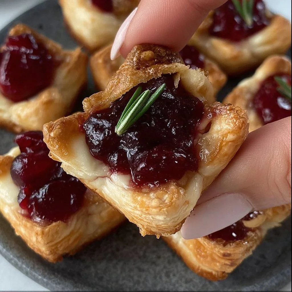 Baked cranberry brie bites topped with fresh herbs, served on a wooden platter.