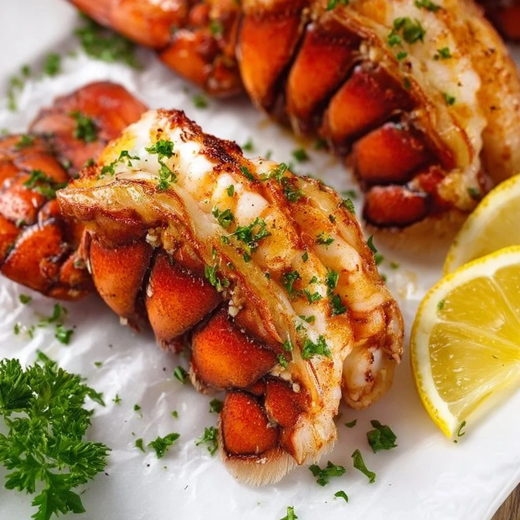 Deliciously baked lobster tails served with lemon and herbs