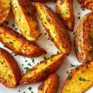 Crispy baked potato wedges served on a plate with dipping sauce.