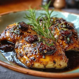 Delicious balsamic fig glazed chicken dish garnished with herbs