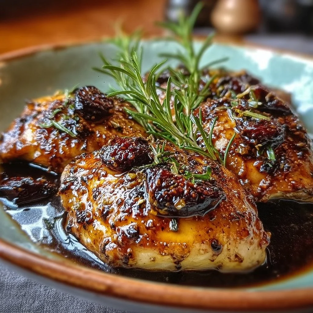Delicious balsamic fig glazed chicken dish garnished with herbs