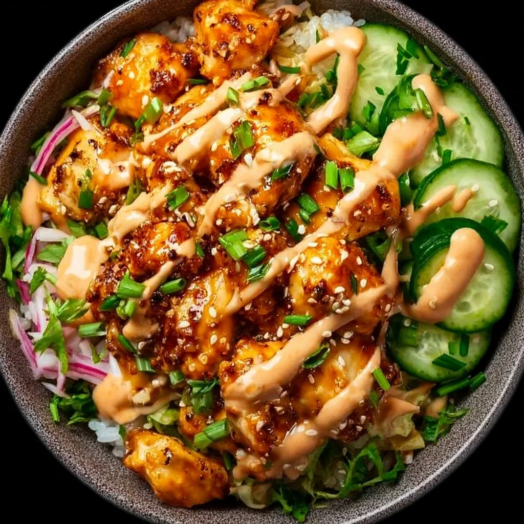 Delicious Bang Bang Chicken Bowl with vibrant vegetables and spicy sauce.