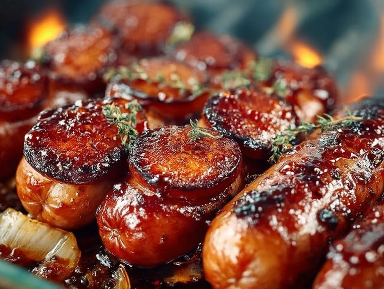 Delicious BBQ sausage sizzling on the grill, ready for a summer cookout