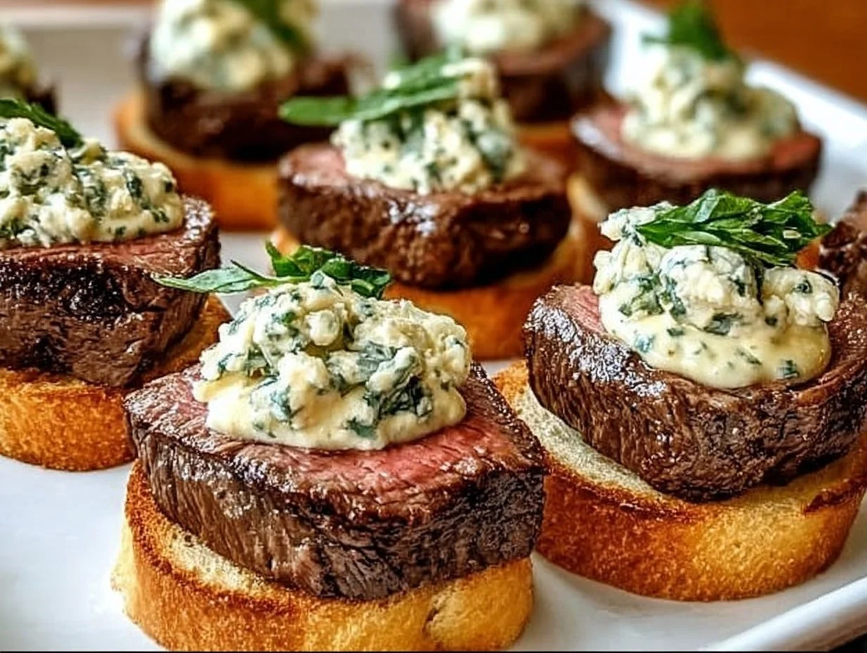 Beef Tenderloin Gorgonzola Crostini topped with herbs and cheese