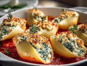 Delicious Christmas stuffed shells filled with cheese and herbs ready for the festive table