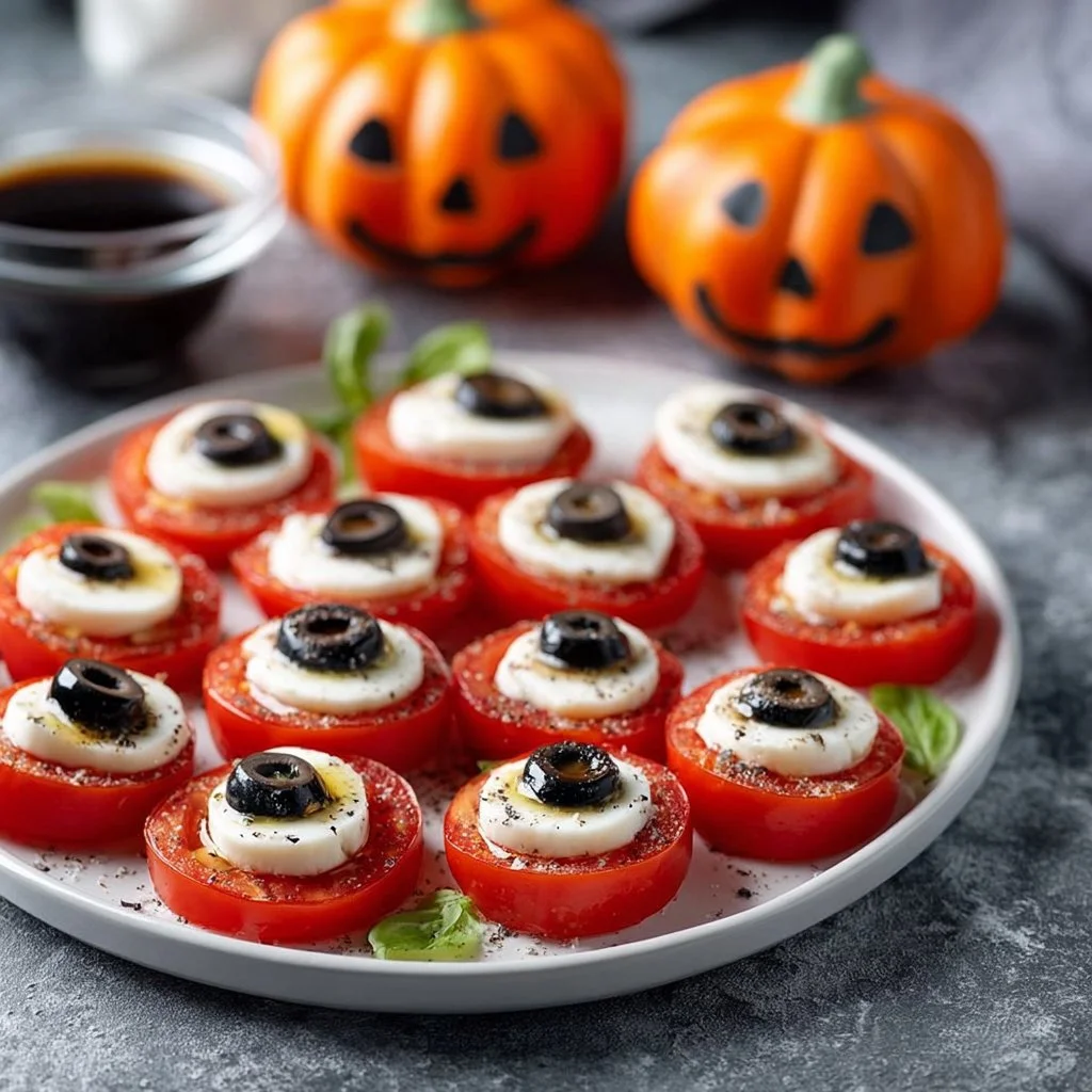 Bloody Eyeball Caprese Bites for Halloween party appetizer