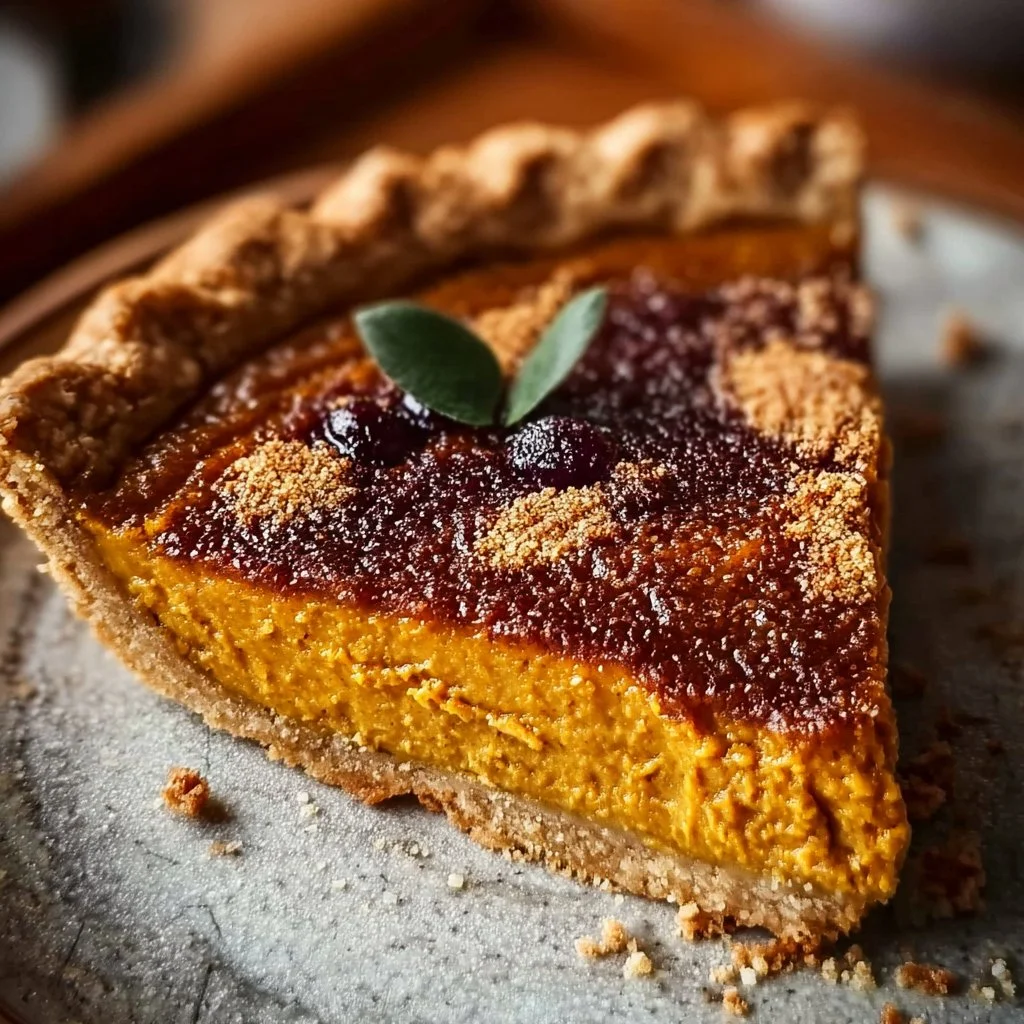 Bourbon Brûlée Pumpkin Pie with a golden crust and creamy filling