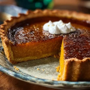 Bourbon Brûlée Pumpkin Pie with caramelized topping and whipped cream