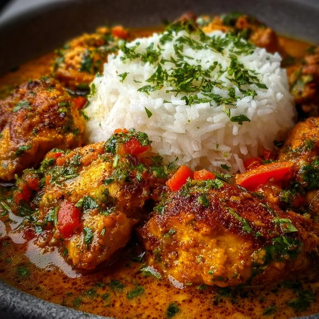 Bowl of Brazilian Coconut Chicken served with rice and vegetables