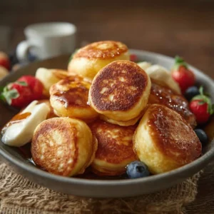 Delicious breakfast pancake poppers served on a plate with syrup