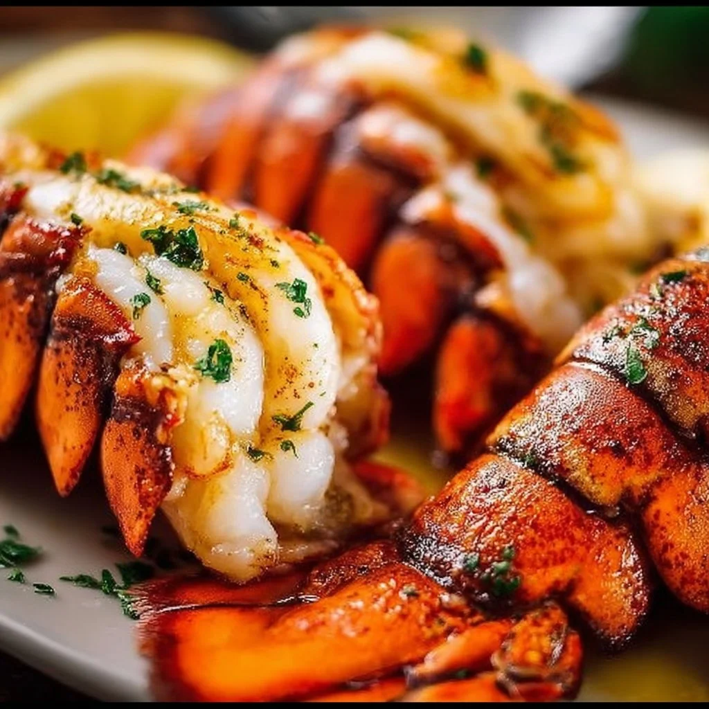 Delicious broiled lobster tails garnished with herbs and lemon slices